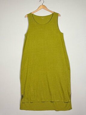 Eileen Fisher Organic Linen Jersey High Low Midi Tank Dress Green Large